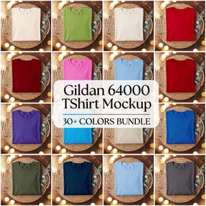 Gildan 64000 Opgevouwen T-shirt Mockup Bundel – Neutrale Boho Flatlay (Digitale Download)