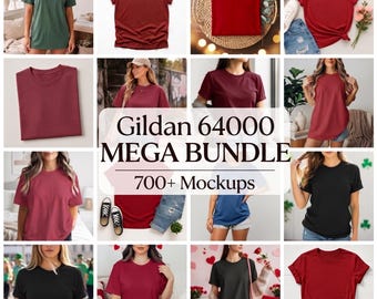 Gildan 64000 T-Shirt Mockups Mega Bundle, Lifestyle Flat Lay Folded Tee Designs