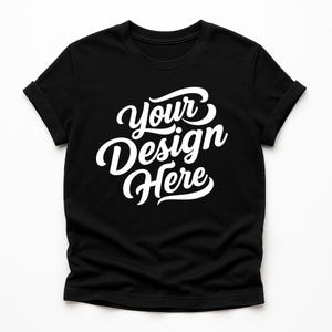 Flatlay display of Gildan 64000 t-shirt mockup bundle in over 50 colors, showcasing various blank shirts including black, red, orange, purple, yellow, green, mint, and pink, each with 'Your Design Here' placeholder text for custom design previews.