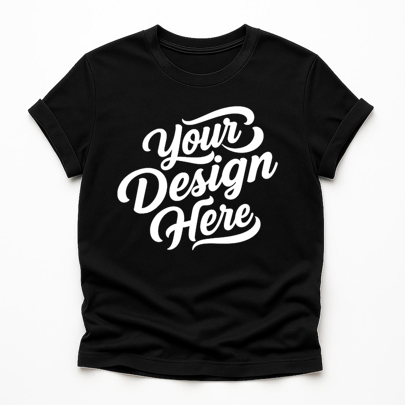 Flatlay display of Gildan 64000 t-shirt mockup bundle in over 50 colors, showcasing various blank shirts including black, red, orange, purple, yellow, green, mint, and pink, each with 'Your Design Here' placeholder text for custom design previews.