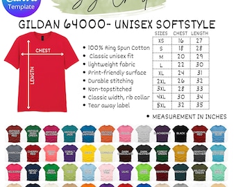 Tabla de colores y tallas Gildan 64000 / Plantilla editable de Canva (descarga inmediata)