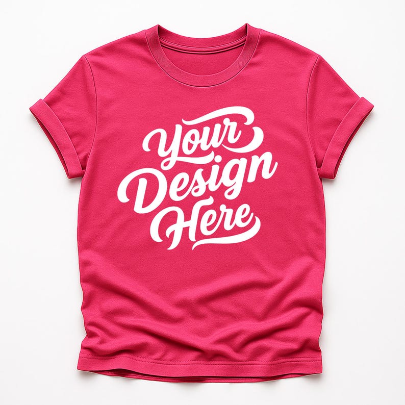 Flatlay display of Gildan 64000 t-shirt mockup bundle in over 50 colors, showcasing various blank shirts including black, red, orange, purple, yellow, green, mint, and pink, each with 'Your Design Here' placeholder text for custom design previews.