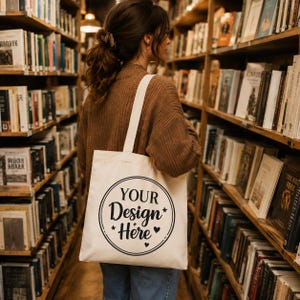 May include: A cream-colored canvas tote bag featuring a black circular graphic with the text "YOUR Design Here" surrounded by small star and heart icons. The bag has two shoulder straps and is worn over a brown knit sweater and blue denim jeans.