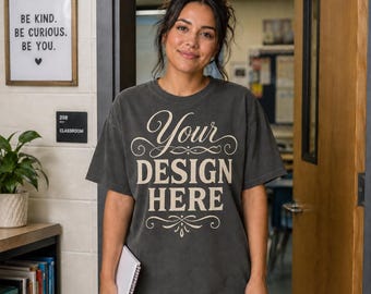 Pepper Teacher T-Shirt Mockup, Comfort Colors 1717 School Hallway Tee, Female Classroom Shirt PNG