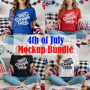 以下が含まれることがあります： 青、赤、黒、白の4色のTシャツをフィーチャーしたモックアップバンドル。各シャツには「Your Design Here」の文字が入っています。画像には「4th of July Mockup Bundle」の文字も赤と青で含まれています。