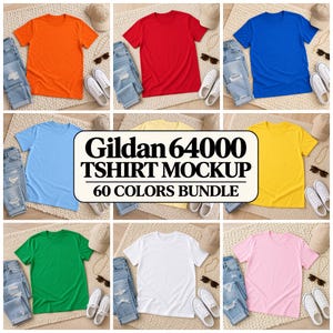 May include: A collection of Gildan 64000 t-shirt mockups featuring various solid colors including orange, red, blue, light blue, yellow, green, white, and pink. Each t-shirt is displayed with a pair of blue jeans, a baseball cap, and white sneakers.