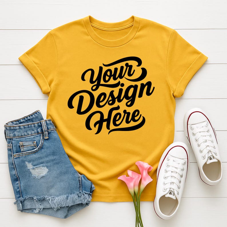 Mockup bundle featuring Gildan 64000 t-shirts in over 70+ colors. The image shows various colored t-shirts with the placeholder text 'Your Design Here' on a flat lay background with flowers, sneakers, and other accessories.
