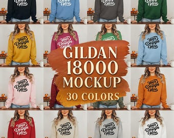 Maqueta de sudadera Gildan modelo 18000 / Sudadera unisex de cuello redondo de 30 colores / Paquete de maquetas de ropa digital