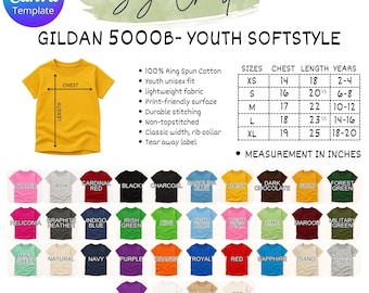 Tabla de colores y tallas Gildan 5000B / Plantilla editable de Canva (descarga instantánea)