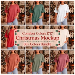 50+ Comfort Colors 1717 Christmas Mockup Bundle, Female Lifestyle T Shirt Mockups, Holiday Fireplace Shirt Mockup JPG
