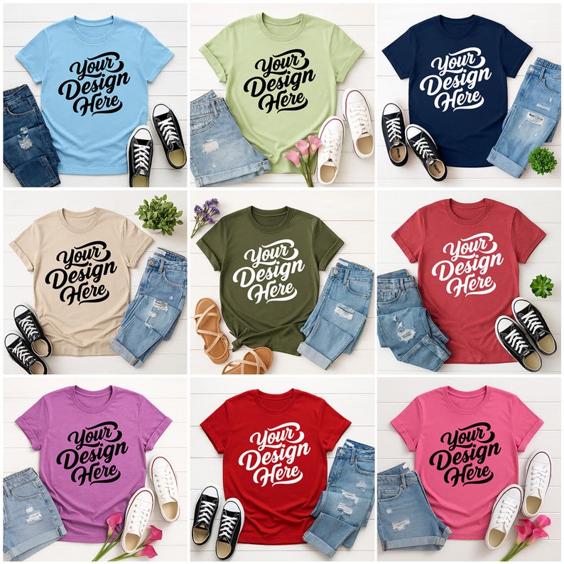 Mockup bundle featuring Gildan 64000 t-shirts in over 70+ colors. The image shows various colored t-shirts with the placeholder text 'Your Design Here' on a flat lay background with flowers, sneakers, and other accessories.
