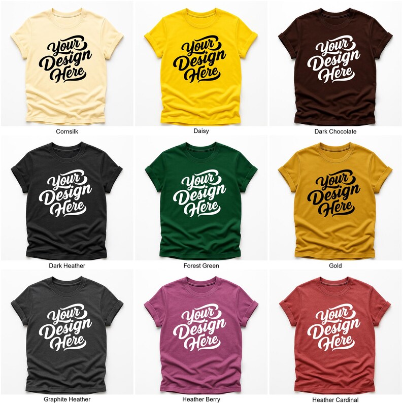Flatlay display of Gildan 64000 t-shirt mockup bundle in over 50 colors, showcasing various blank shirts including black, red, orange, purple, yellow, green, mint, and pink, each with 'Your Design Here' placeholder text for custom design previews.