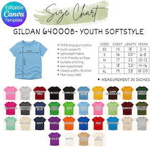 May include: A light blue Gildan youth softstyle t-shirt with a size chart. The chart includes chest and length measurements in inches, and lists available colors such as Azalea, Black, and Carolina Blue. The shirt is made of 100% ring-spun cotton.