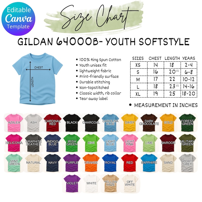 Puede incluir: Una camiseta Gildan Youth Softstyle azul claro con una tabla de tallas. La tabla incluye medidas de pecho y largo en pulgadas y enumera los colores disponibles como Azalea, Black y Carolina Blue. La camiseta est&aacute; hecha de 100% algod&oacute;n hilado en anillo.