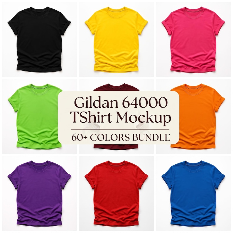 Flatlay display of Gildan 64000 t-shirt mockup bundle in over 50 colors, showcasing various blank shirts including black, red, orange, purple, yellow, green, mint, and pink, each with 'Your Design Here' placeholder text for custom design previews.