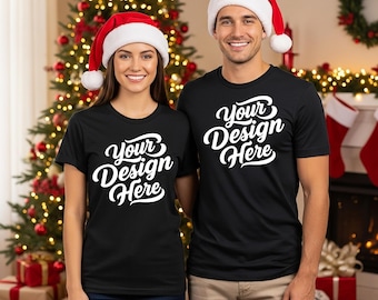 Black Bella Canvas 3001 Christmas Couple T-Shirt Mockup (Digital Download)