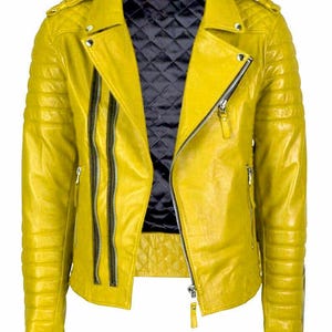 Men Vintage Retro Style Motorcycle Riding Cafe Racer Yellow Leather Jacket