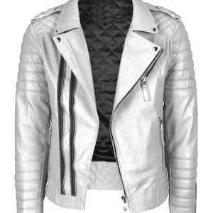 May include: A white leather motorcycle jacket with a zipper closure and quilted detailing on the sleeves and shoulders.