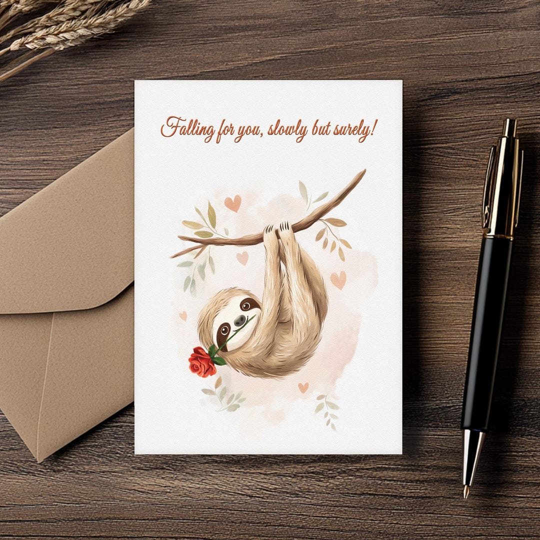 Printable Romantic Card – Funny Sloth Design – DIY Foldable 5 × 7 Inch ...