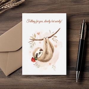 Afdrukbare romantische kaart – grappig luiaardontwerp – doe-het-zelf opvouwbare kaart van 5 × 7 inch – direct downloaden – US Letter en A4