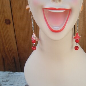 Jingle bells red flower danglers recycled vintage long Christmas Holiday earrings
