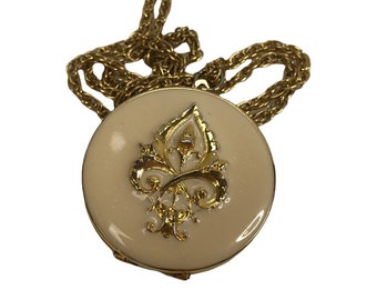 Vintage Locket, Fleur De Lis locket, Photo locket, pendant Necklace, enamel locket, Victorian inspired, gold tone  , French faith Unity