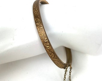 Victorian Deco Etched Bracelet Bangle Vintage Antique Engraved GF Safety Chain