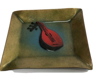 Enamel Glazed Trinket Tray Vintage Renaissance Lute guitar music theme artisan