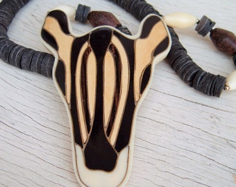 Funky Zebra Head,African Safari,Tribal Necklace,vintage wood and plastic,Black and white animal bohemian jewelry