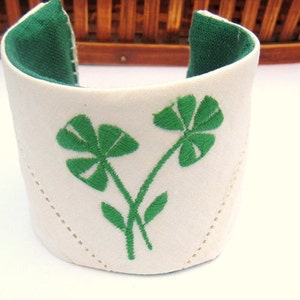 Luck O The Irish Vintage Recycled Fabric Shamrock green and white Cuff Bracelet