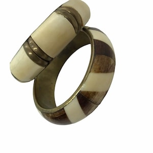 Vintage Brass Bangle Bracelet Lot Bovine Bone mod geo Metal Patina 70s boho westerncore