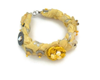 Yellow bracelet recycled vintage fabric flowers and buttons cottagecore boho