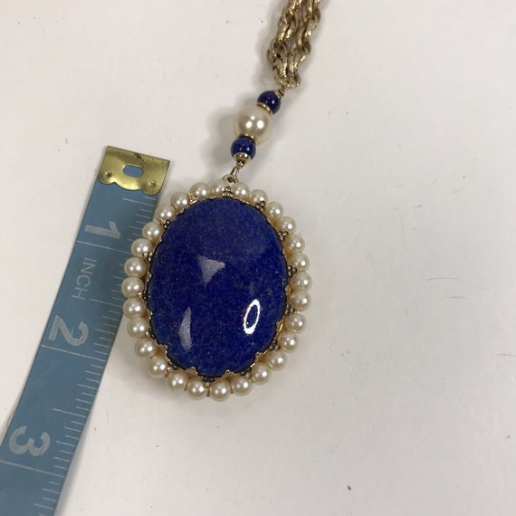 Vintage Photo Locket Pendant Necklace Blue Caboch… - image 8