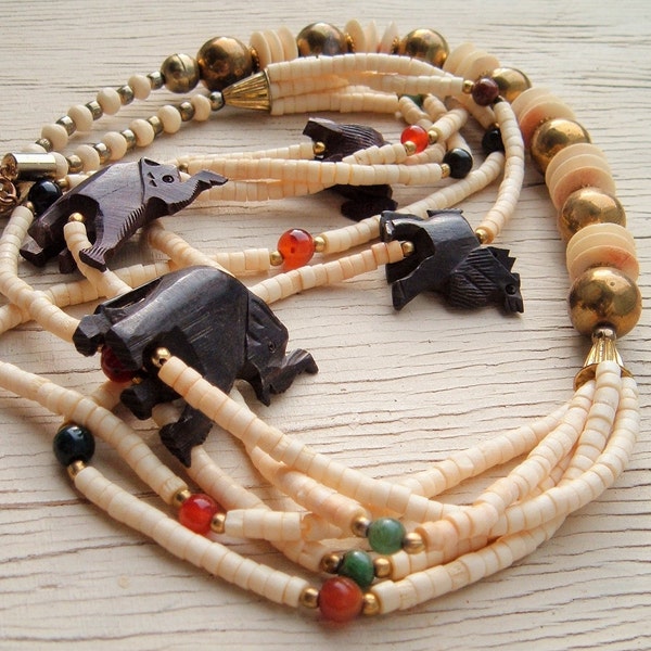 Funky Elephants,African Safari,Tribal Necklace,vintage wood, bone brass stone, animal bohemian jewelry,statement runway