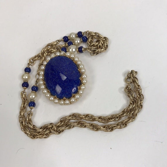 Vintage Photo Locket Pendant Necklace Blue Caboch… - image 4