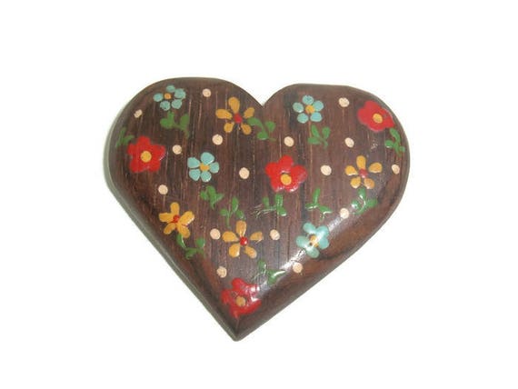 Vintage Heart Brooch Wood Handpainted Large folk … - image 1