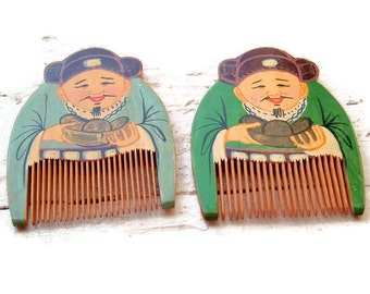 Oriental Wood, Hand Painted ,Vintage hair comb, Set Of Two ,Fun Hair accessories ,Green Hair combs ,figural Hair comb , Gift for her