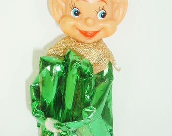 Smiling Elf Vintage Knee Hugger Christmas Ornament, Metallic Paper Clothes,Christmas Decoration, Green Pixie,Holiday Kitsch Decor Rare