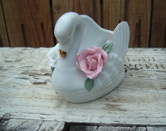 Vintage white Swan trinket holder vase pink and white roses with gold trim cottagecore