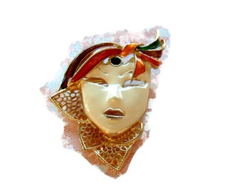 Vintage lady face enamel brooch
