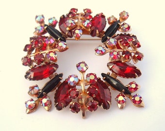 Red Rhinestone Vintage Big Brooch Pendant Statement Costume Jewelry bling