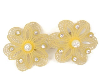 Soft Yellow Plastic and Rhinestone Western Germany vintage clip earrings