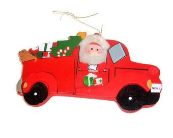 Santa Vintage Wood Christmas Ornament, Baby Hats Ent 1986 Kurt Adler Red Truck Christmas Decoration made in Taiwan Xmas kitsch