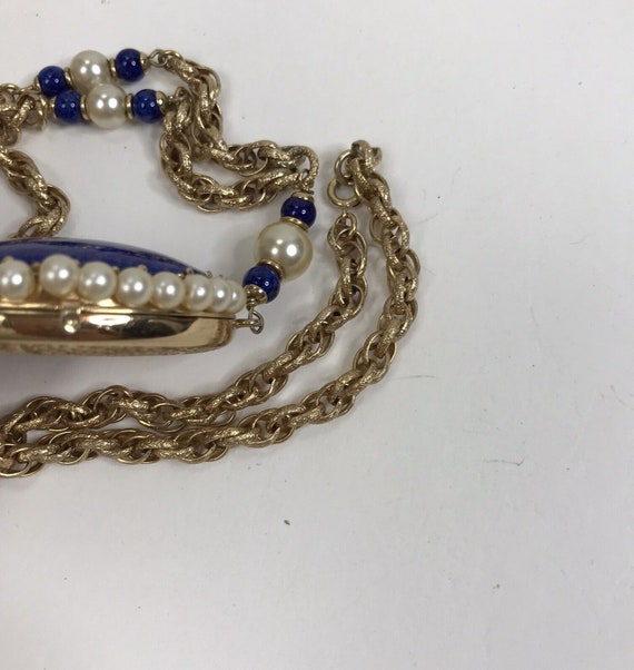 Vintage Photo Locket Pendant Necklace Blue Caboch… - image 7