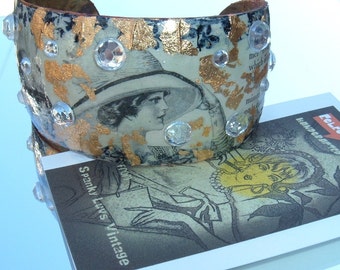 1912 Decoupage Cuff Bracelet Stylish Ladies Recycled Ephemera handmade bangle