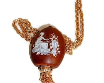 Vintage Ceramic Perfume Pendant Necklace: Grecian Floral Pomander