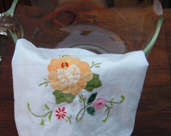 Vintage embroidered kitchen towel flowers mint green and bright white