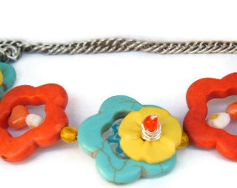 Flowers and vintage buttons blue orange and yellow recycled vintage summer brights