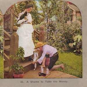 May include: A woman in a white dress holds a small dog on a porch. A man in a straw hat kneels on the porch floor, looking down at the woman's feet. The caption reads "A Shame to Take the Money."