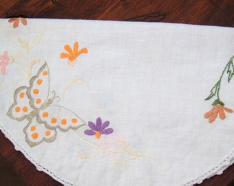 Butterfly and flowers vintage embroidered table doily crocheted edge cottagecore